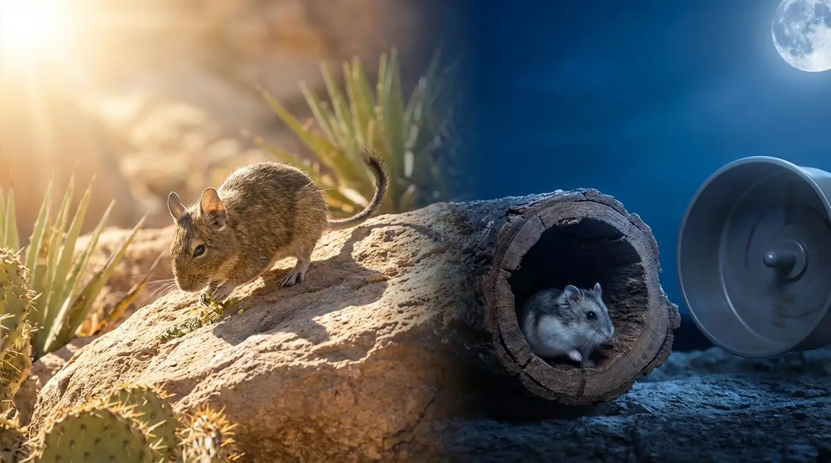 生活リズムの違い｜昼行性のデグーと夜行性のハムスター